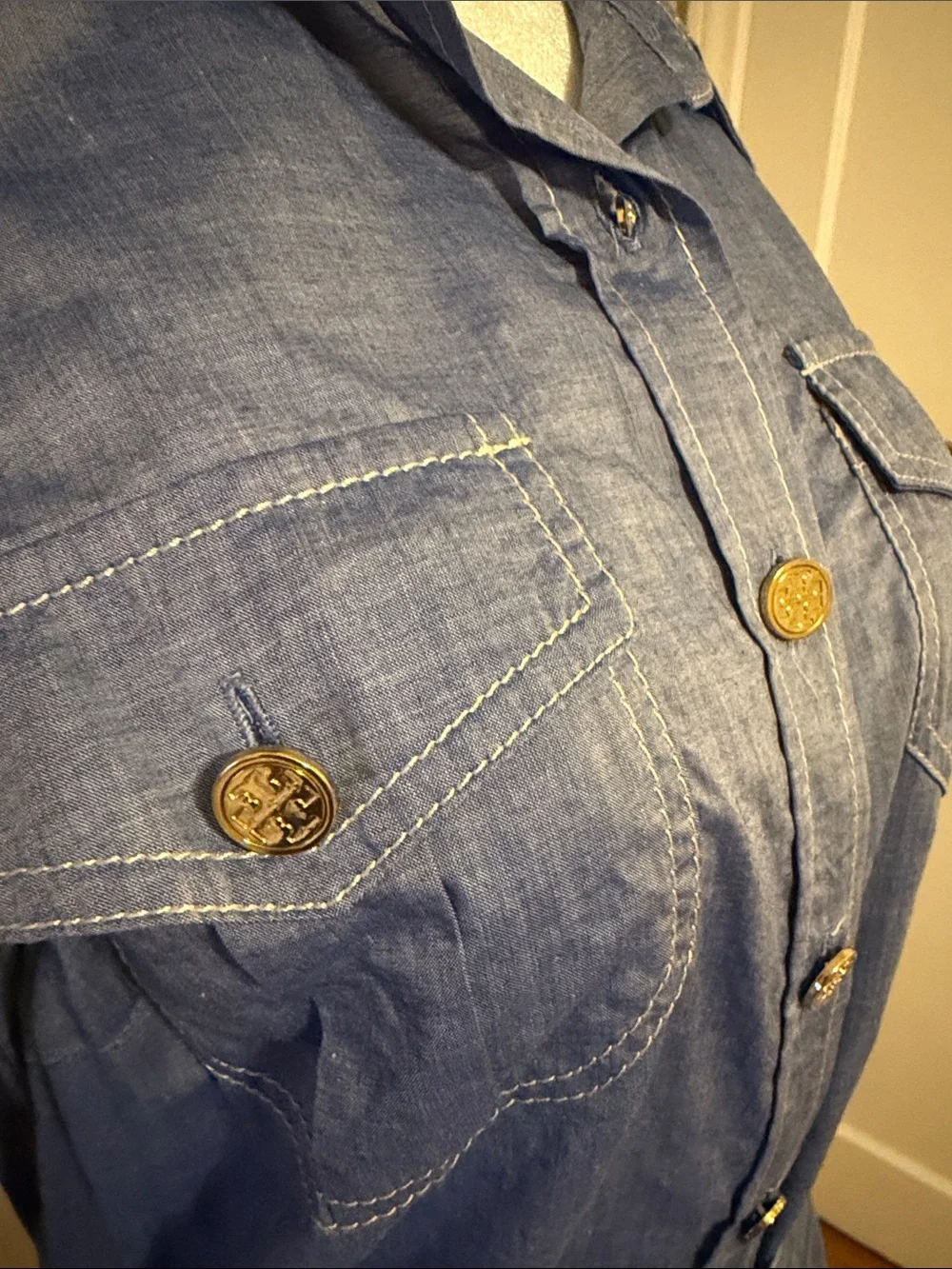 Tory Burch Blue Denim Button-Front Shirt Dress with Tie Waist